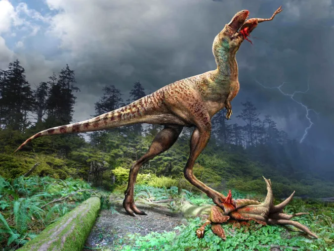 Gorgosaurus libratus feeding on Citipes elegans. Illustration by Julius Csotonyi © Royal Tyrrell Museum of Palaeontology.